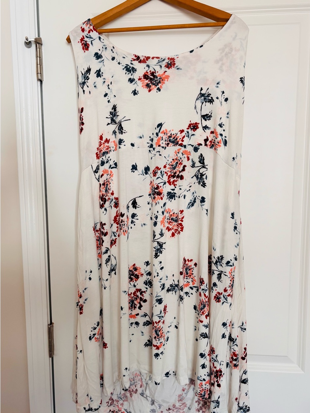 Women's White Floral Swing Dress with Coral & Navy Print
